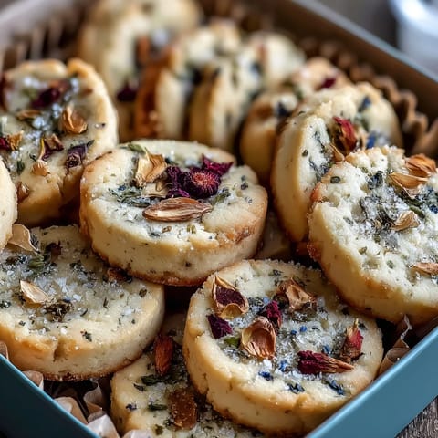 Buttery shortbread cookies decorated with dried edible flowers, a sweet treat for Mothers Day celebrations.