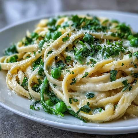 Creamy lemon pasta with peas, spinach, and Parmesan in a silky sauce, perfect for spring dinners.