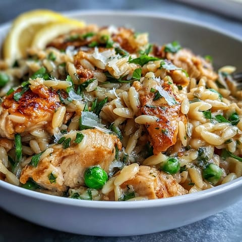Creamy one-pot lemon orzo with tender chicken and sweet peas, garnished with Parmesan and parsley for a bright, comforting meal.