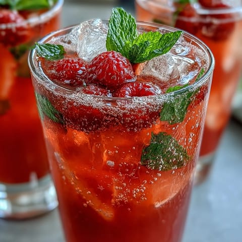 Raspberry Lemon Spritz Mocktail with fresh berries and lemon slices in a tall glass with ice and mint garnish.