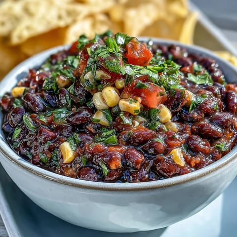 Zesty 3-Ingredient Cowboy Caviar Dip with black beans, corn, and pico de gallo served with crispy tortilla chips.