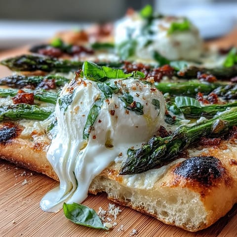 Golden flatbread layered with creamy burrata, roasted asparagus, and a bright lemon zest finish.  
