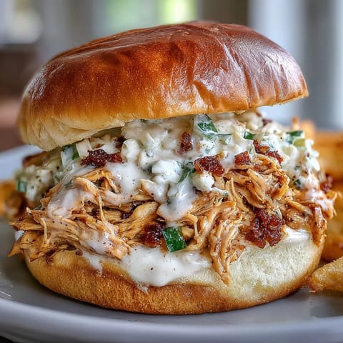 Juicy, tender smoked chicken tossed in zesty white BBQ sauce, served on toasted buns with crunchy coleslaw for a Southern-style sandwich.  