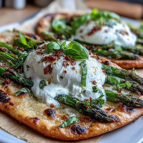 Roasted asparagus flatbread with burrata and lemon, topped with fresh basil and chili flakes.  