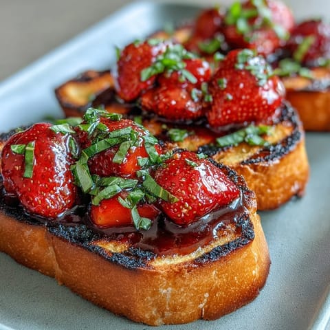 Juicy strawberry balsamic bruschetta brightens golden grilled sourdough.