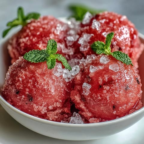 Vibrant Watermelon Sorbet (3 Ingredients) glistening with refreshing, frozen fruit goodness.