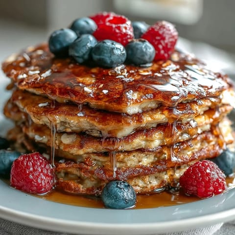 Golden brown High Fiber Protein Pancakes stacked high, ready for berries.