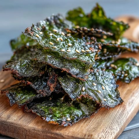 Crispy seaweed snack chips with sesame seeds and sea salt, oven-baked golden.