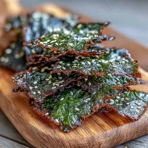 Savory seaweed snack chips, perfectly seasoned with sesame oil for a healthy crunch.