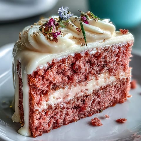 Elegant Bridal Shower Rosé Velvet Cake with luscious cream cheese frosting shown.