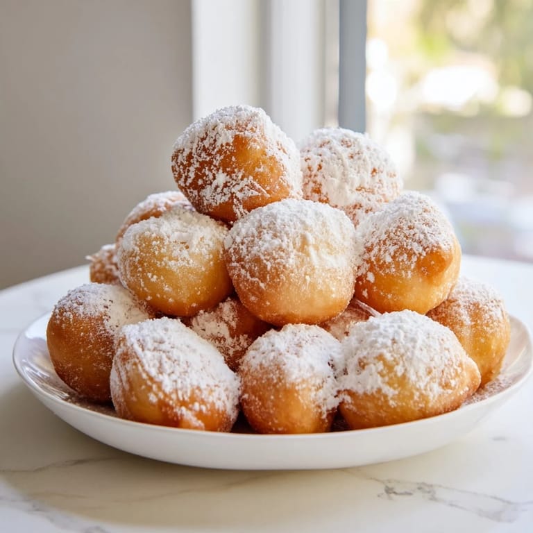 A close-up of warm, soft zeppole, piled and glistening, covered in sweet, snowy powdered sugar.