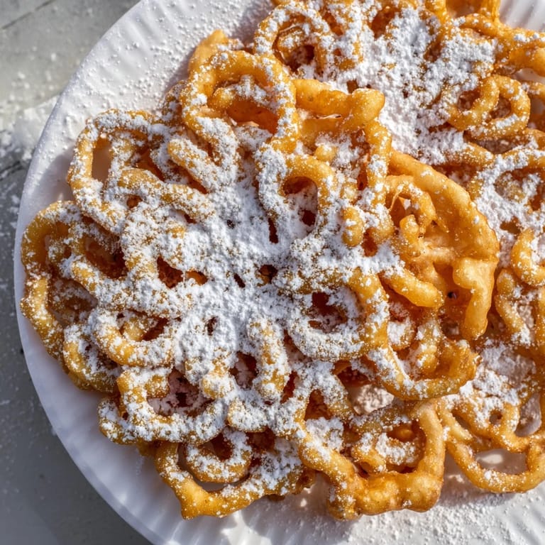 A sweet close-up of a stack of fluffy funnel cakes, a classic American fairground treat.