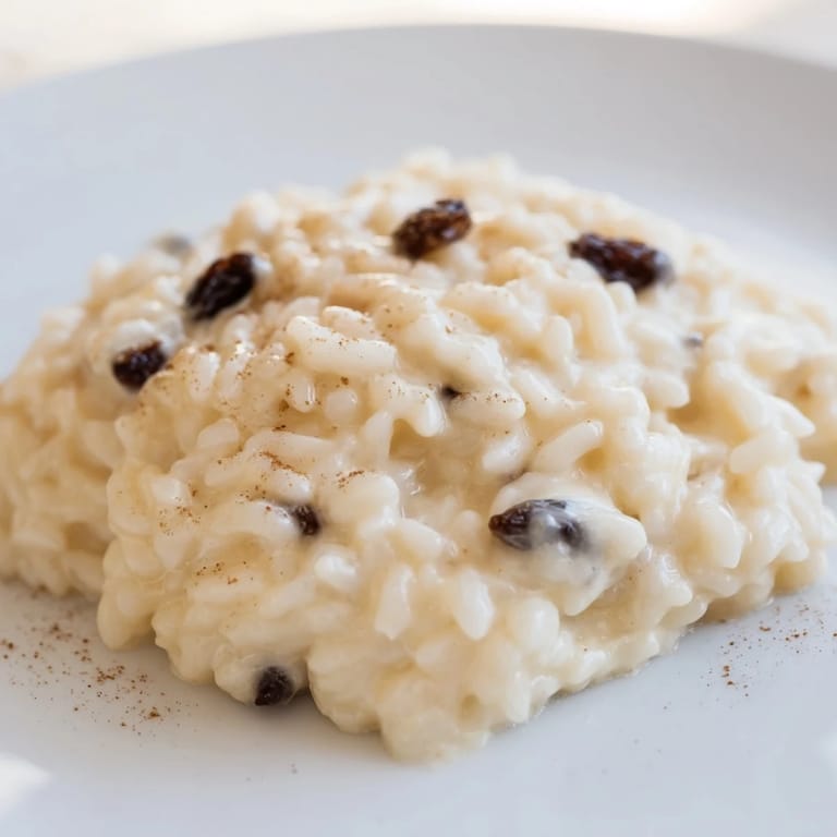 A warm, baked rice pudding, full of raisins, offering a sweet and creamy dessert.
