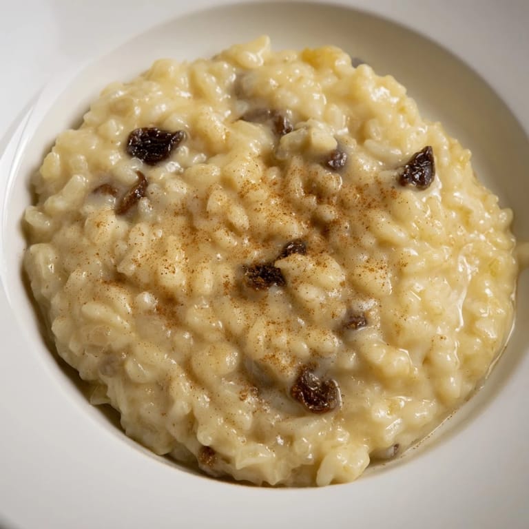 Close-up of baked rice pudding: a thick, sweet international dessert filled with raisins.