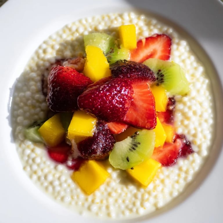 A bowl of delicious Tapioca Pudding, featuring translucent pearls and finished with sweet, fresh fruit and vanilla.