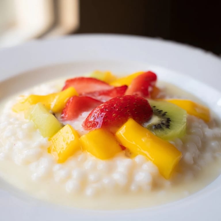 Homemade creamy Tapioca Pudding, served cold and beautifully garnished with fresh strawberries and kiwi slices.