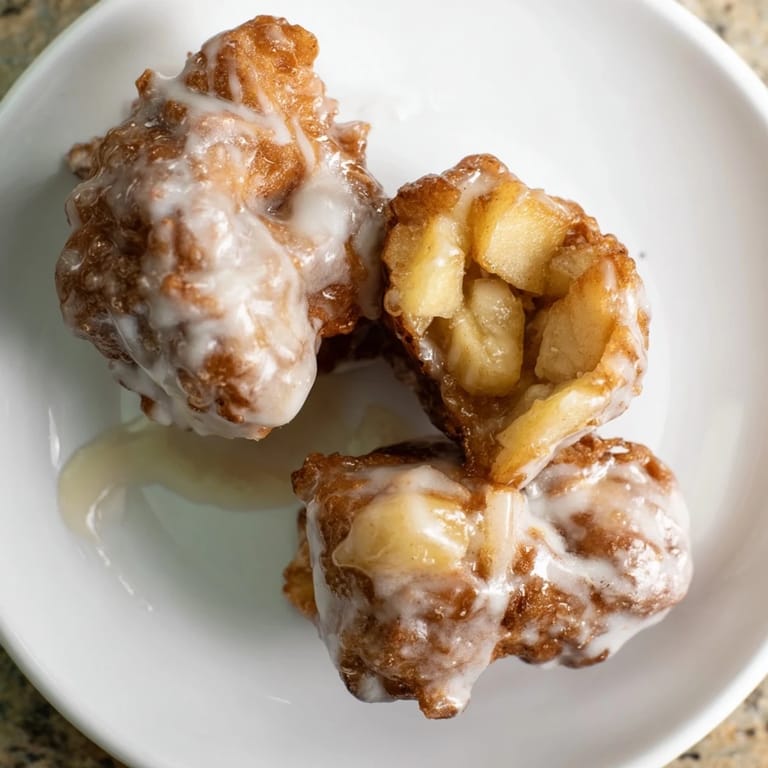 Warm and glazed Apple Fritters, a classic American treat, offering sweet apple flavor in every bite.