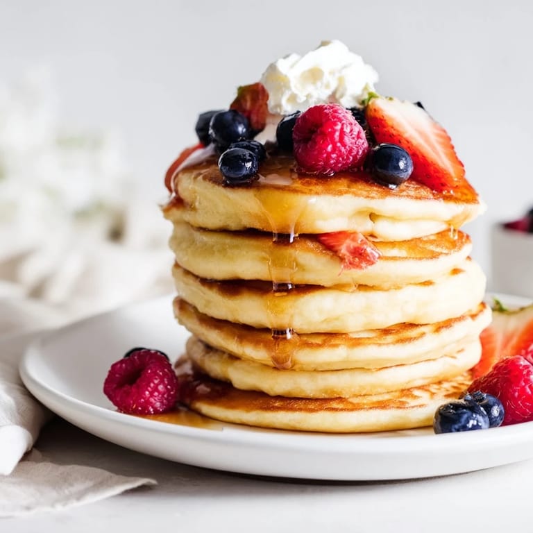 Fluffy, bite-sized silver dollar pancakes, served with fresh berries, ready for a sweet and easy brunch.