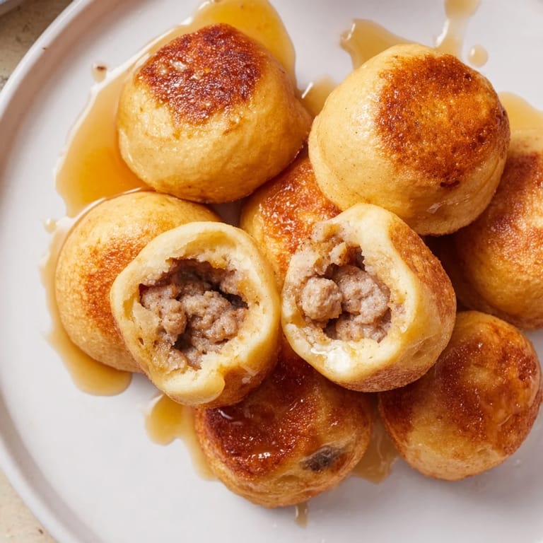 These mini pancake bites, filled with sausage or fruit, look incredible and taste amazing.