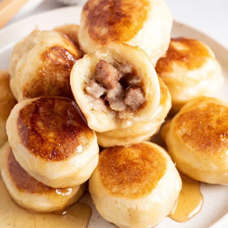 Enjoy warm, homemade pancake bites filled with tasty sausage or sweet fruit for breakfast.