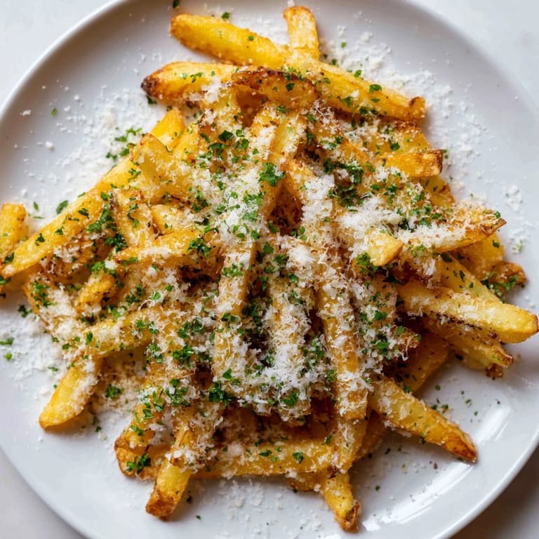 Platter of golden Truffle Parmesan Fries topped with fresh parsley and grated cheese.