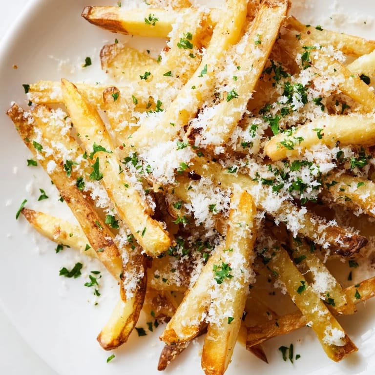 Truffle Parmesan Fries served hot alongside creamy aioli dipping sauce on a rustic board.