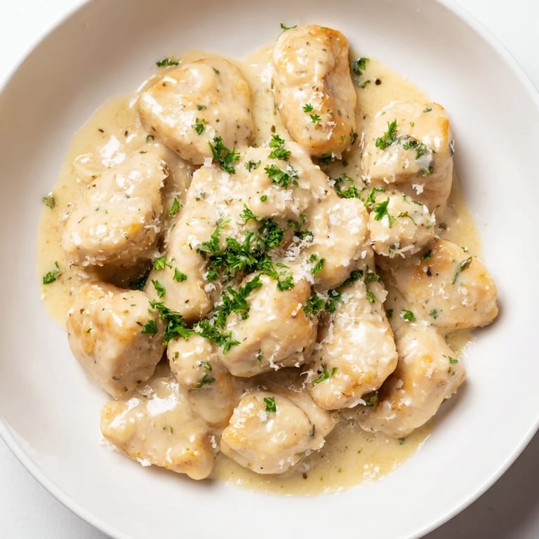 Tender Creamy Garlic Chicken Bites garnished with fresh parsley in a skillet, perfect for a quick weeknight dinner.