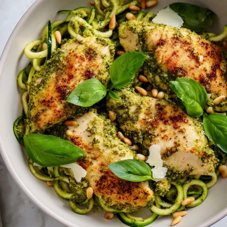 Golden sautéed chicken, spiralized zucchini, and a lemony pesto sauce create a light, summery meal perfect for warm evenings.  