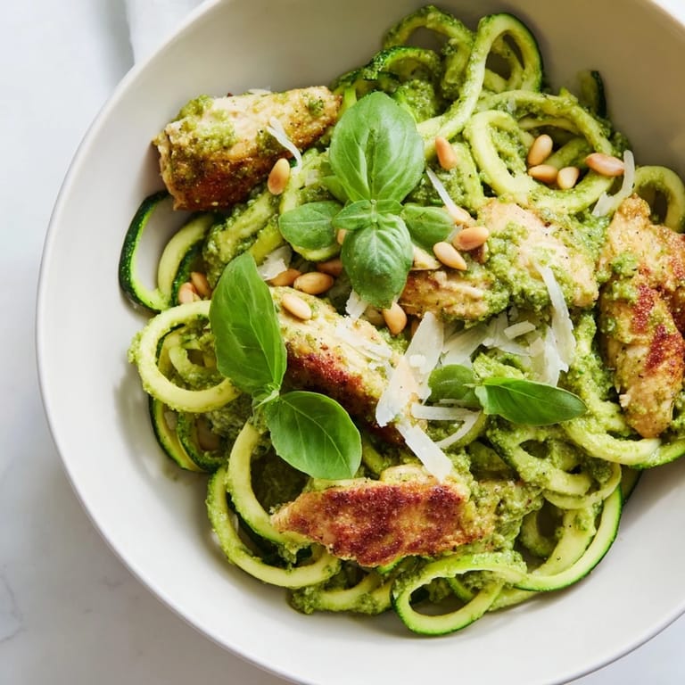 A gluten-free zucchini chicken bowl topped with toasted pine nuts and fresh basil, served as a flavorful low-carb main dish.