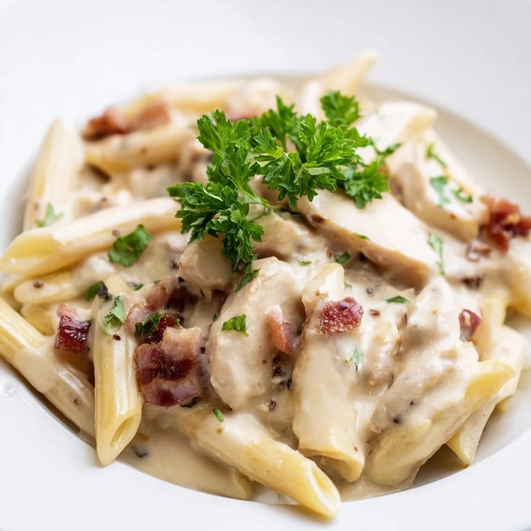 In this image, creamy penne pasta features savory bacon crumbles and juicy chicken chunks, perfect for a comforting family dinner.