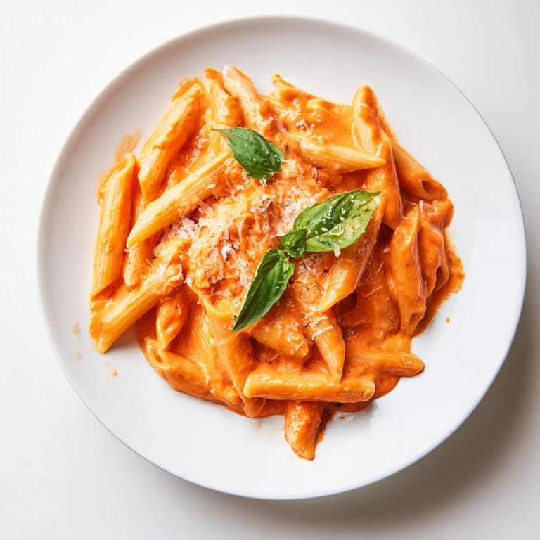 Italian-style roasted red pepper pasta in a velvety sauce, highlighted by charred peppers and garlic.