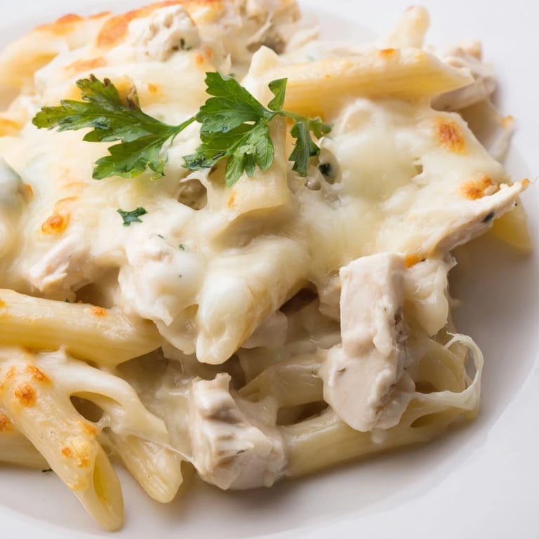 Spoon lifting a cheesy serving of Chicken Alfredo Casserole from the baking dish, revealing layers of chicken and pasta.