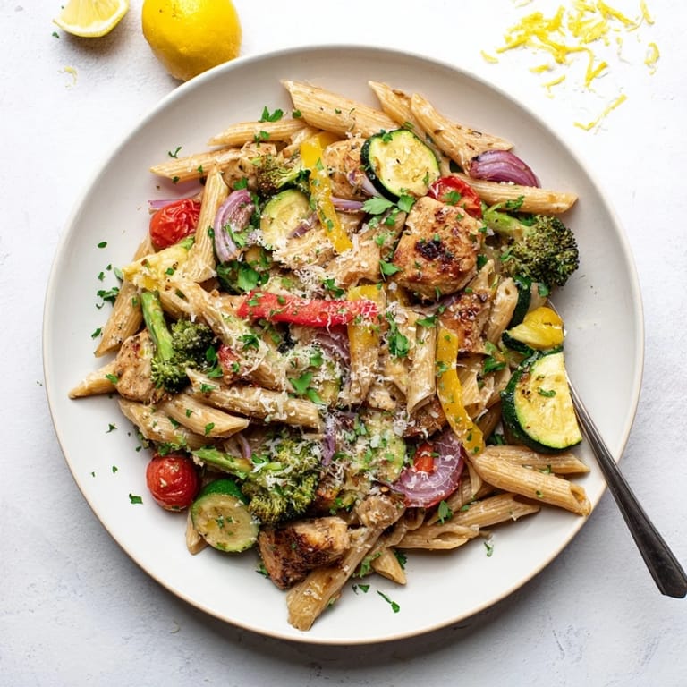 Garlic Herb Chicken & Veg Pasta showcases al dente penne tossed with roasted broccoli, red onion, and a light aromatic sauce finished with Parmesan and parsley.  