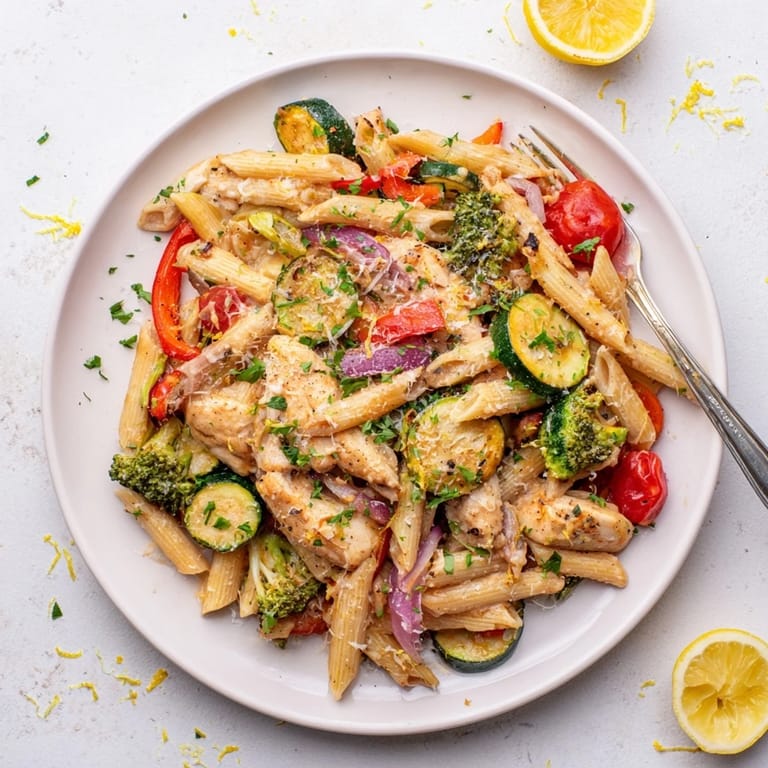 A close-up of a steaming plate of Garlic Herb Chicken & Veg Pasta, featuring tender chicken, vibrant vegetables, and fresh herbs, ready for a weeknight dinner.