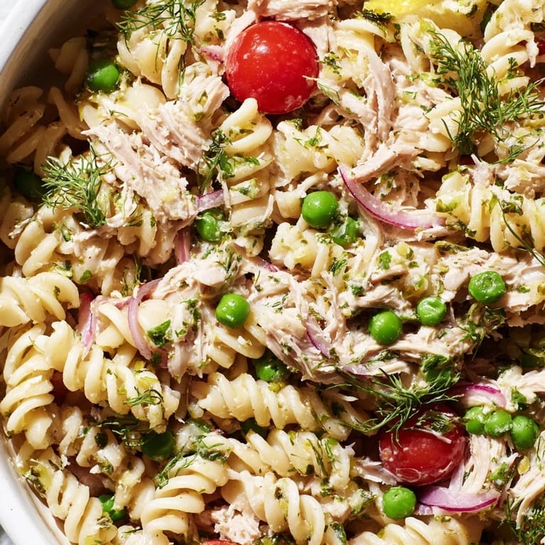 A close-up of Lemony Tuna Pasta Salad showing flaky tuna, peas, and fusilli tossed in a zesty olive oil dressing.