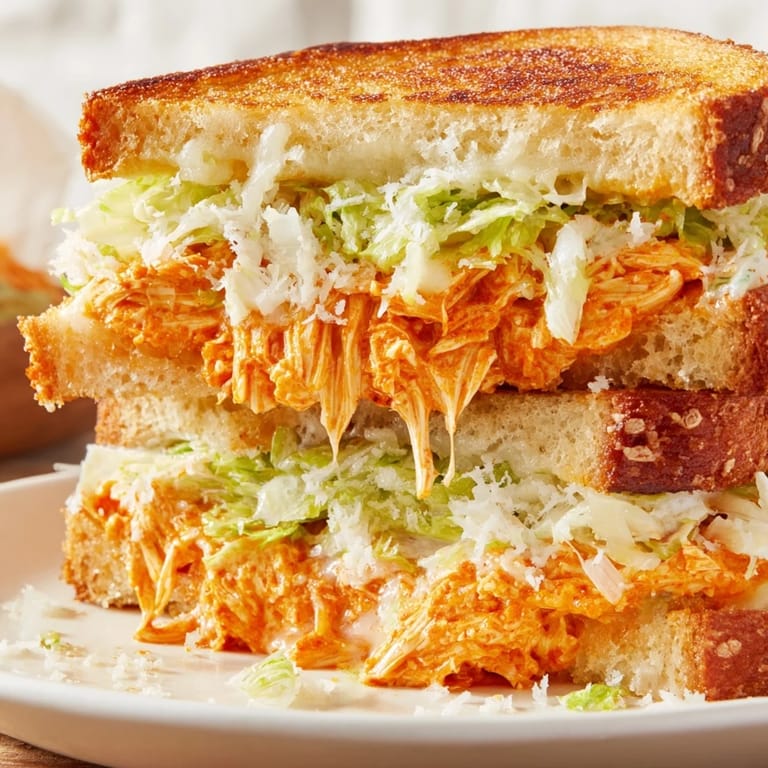 A close-up of a Buffalo Chicken Caesar Grilled Cheese, drizzled with extra sauce beside a crisp side salad.