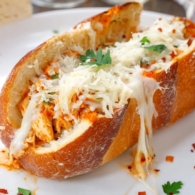 Sizzling Chicken Parm Stuffed Garlic Bread served warm, perfect for a hearty family dinner.