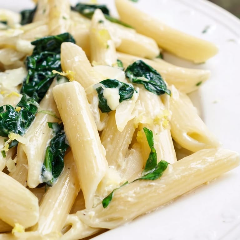 Creamy Feta Spinach Pasta garnished with lemon zest and fresh herbs on a rustic table.  