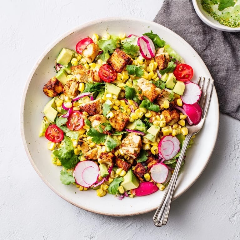 Bright lime dressing ties together juicy tomatoes, crisp radishes, and tender grilled chicken in this refreshing Roasted Corn & Chicken Chopped Salad.  