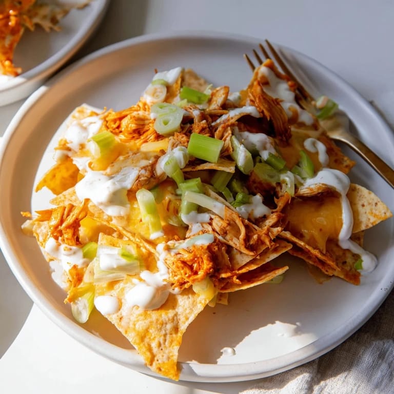 Golden, bubbling Buffalo Chicken Nachos topped with green onions and celery, served hot on a platter for game day gatherings.