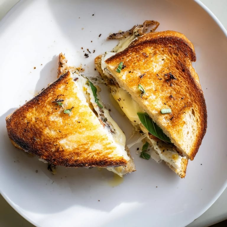 Two halves of Crispy Prosciutto & Burrata Grilled Cheese on a white plate, garnished with fresh basil.