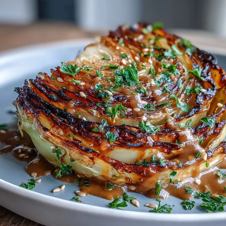 Caramelized roasted cabbage steaks with tahini sauce, fresh parsley, and a rustic wooden backdrop.