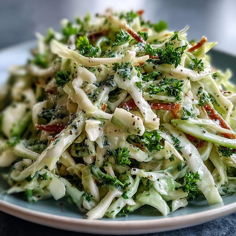Freshly tossed Green Cabbage and Apple Slaw in a tangy apple cider vinegar dressing, served in a rustic white bowl with a fork.