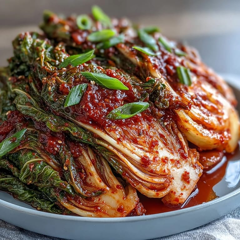 Homemade vegan kimchi fermenting in a jar, with vibrant orange-red chili coating crunchy napa cabbage and daikon.  