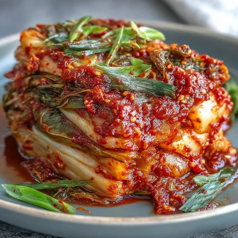 Spicy, tangy traditional Korean kimchi packed in a glass jar, showcasing fermented napa cabbage and radishes with chili flakes.
