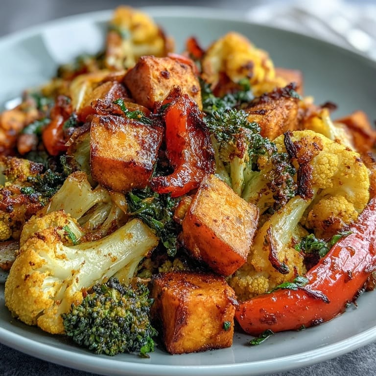 Close-up of crispy-edged turmeric roasted vegetables, including carrots and red onion, steaming slightly after coming out of the oven for a cozy dinner side.