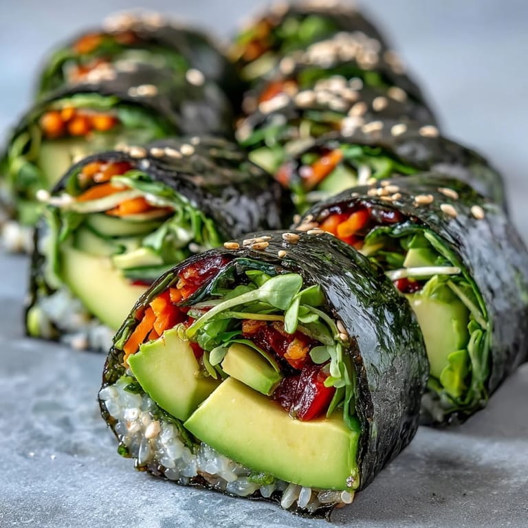A close-up of homemade Nori Rolls with Vegetables, showcasing neat slices of avocado and crunchy sprouts inside toasted seaweed.