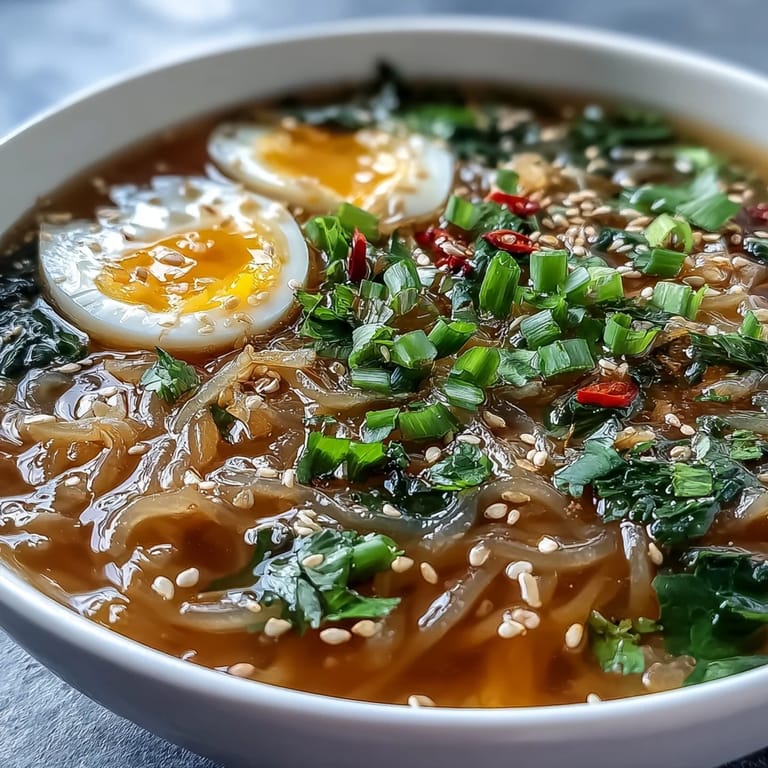 Close-up of Shirataki Noodles With Broth, steaming in a ceramic bowl with vibrant red chili slices, cilantro, and toasted sesame seeds for garnish.
