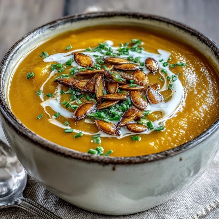 Creamy roasted acorn squash soup drizzled with cream, served alongside crusty artisan bread.  