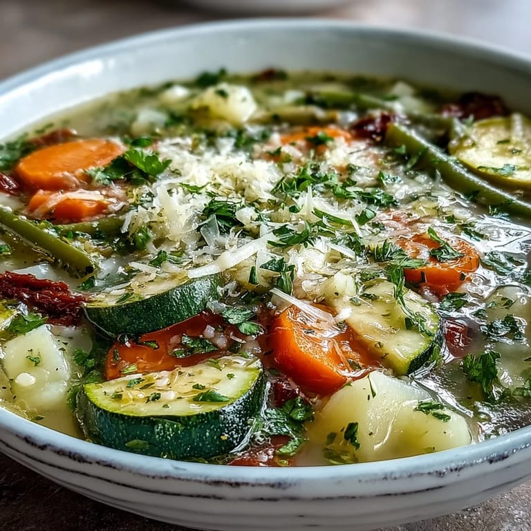 Hearty Parmesan Veggie Soup simmering in a rustic pot, rich with diced tomatoes, potatoes, and Italian herbs, ready to be ladled into bowls for a cozy vegetarian dinner.